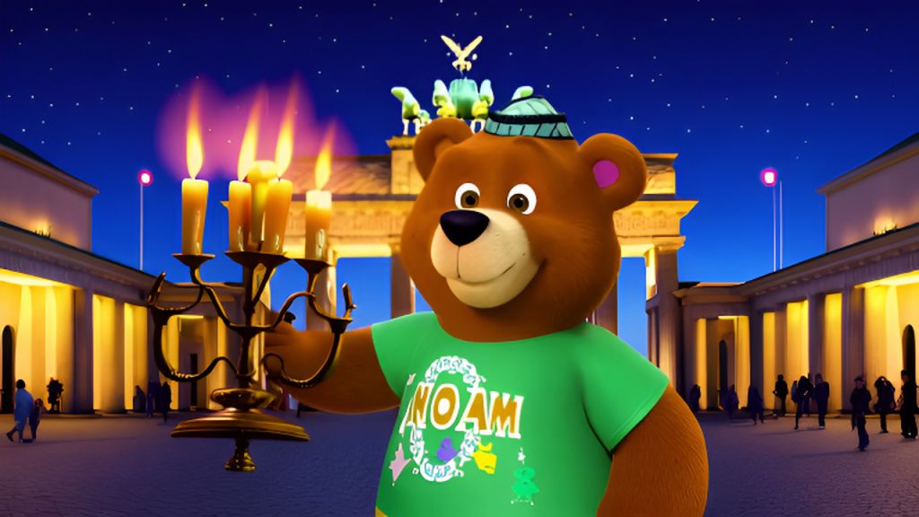 AI-Generated Cartoon Bear with Jewish Symbols Holding Hanukkiah at ...