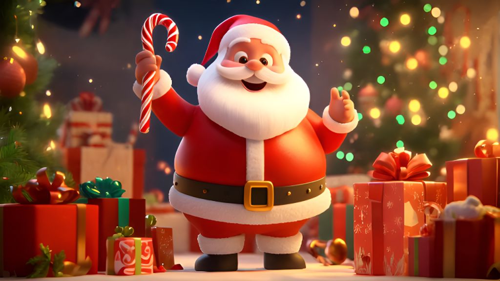 AI-Generated 3D Animated Santa with Candy Cane, Presents & Holiday ...
