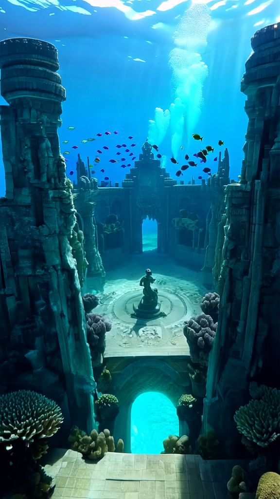 Overhead, slow motion: A vast underwater city of Ancient Atlantis, with ...