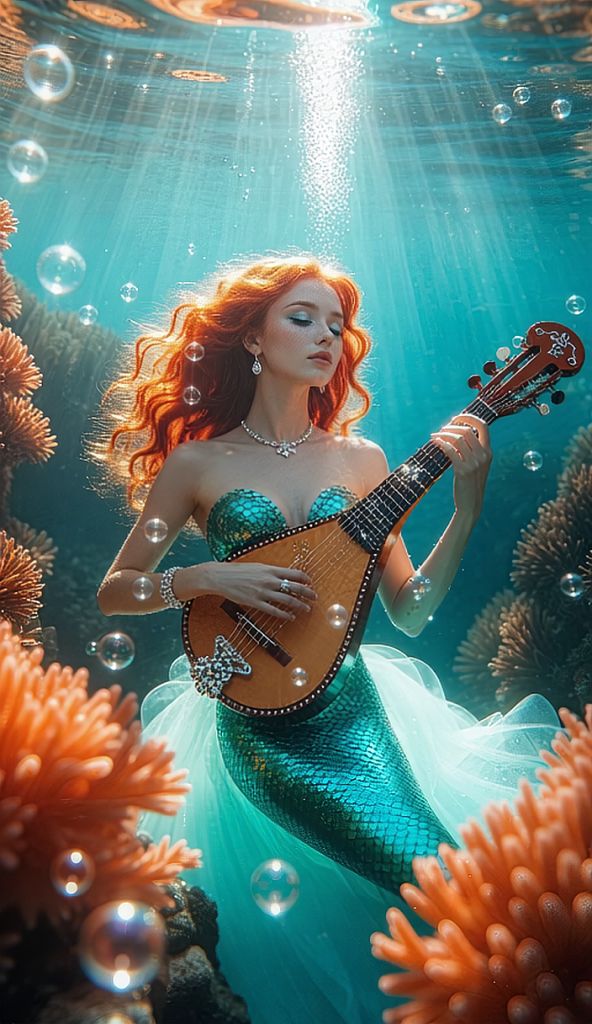 The mermaid with flowing red hair and green eyes gently sways in the ...