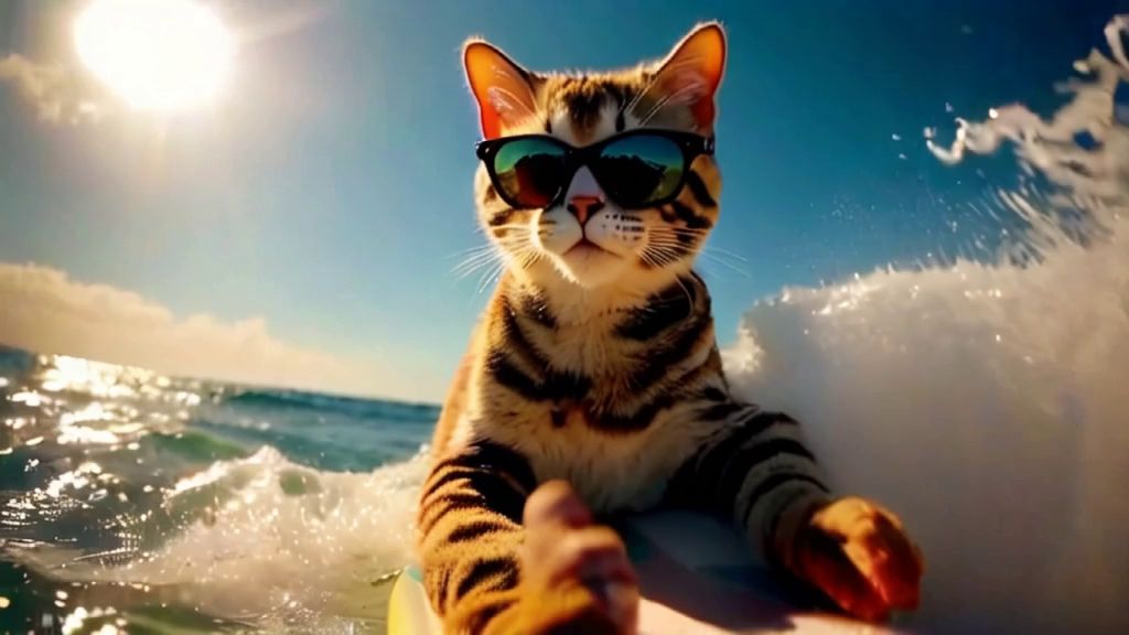 AI-Generated Stylish Cat Surfing with Sunglasses in Sunny Ocean Bokeh ...