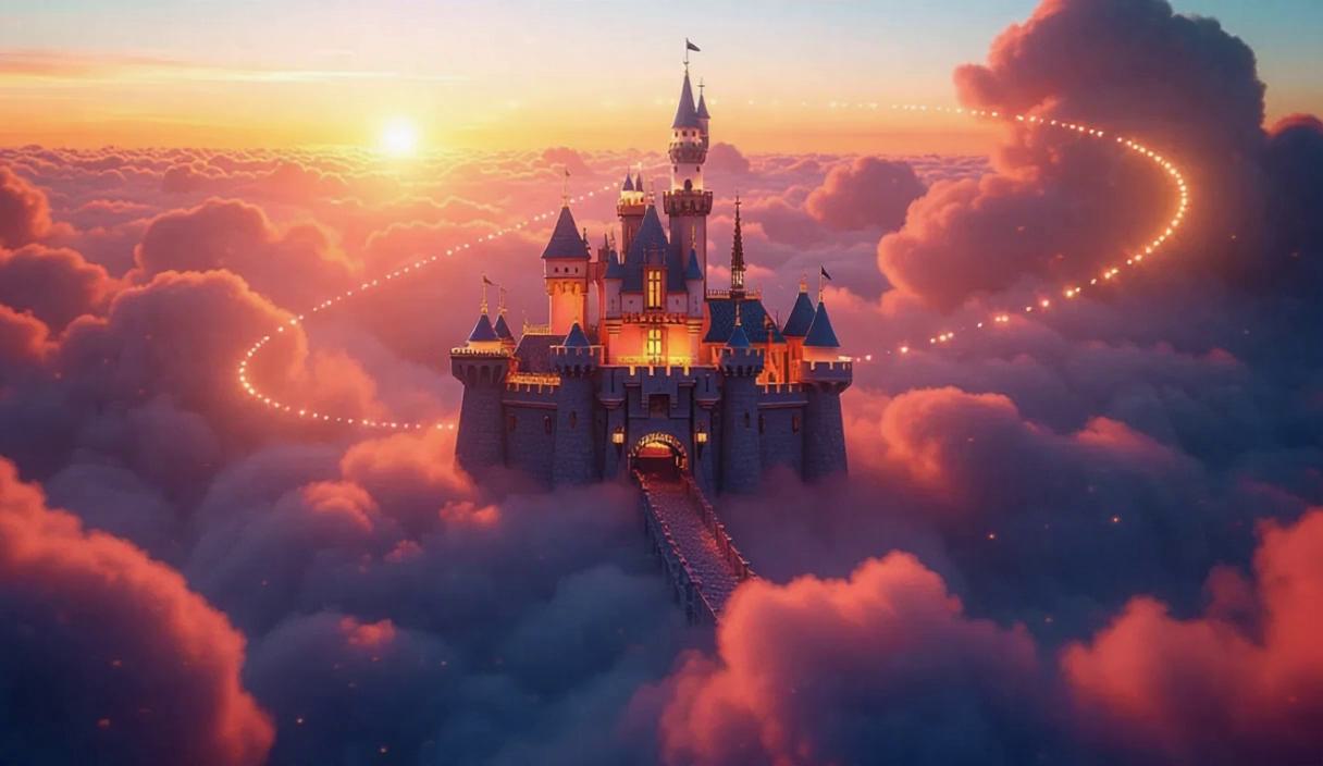 A whimsical fairytale castle floating in the sky, trailing a shimmering ...