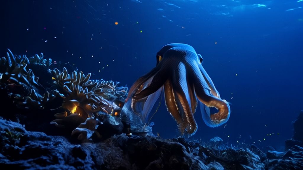 **Low angle, slow motion:** In a dimly lit abyssal realm, a colossal ...