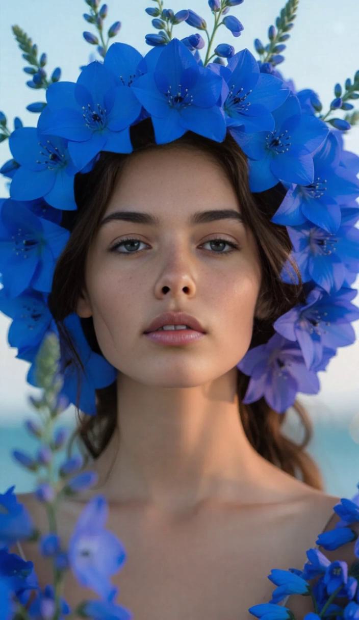 A serene portrait of a woman crafted from delicate petals, enveloped in ...