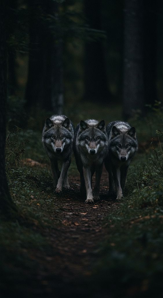 Slow motion wolves moving, ground slightly shaking as they step, camera ...