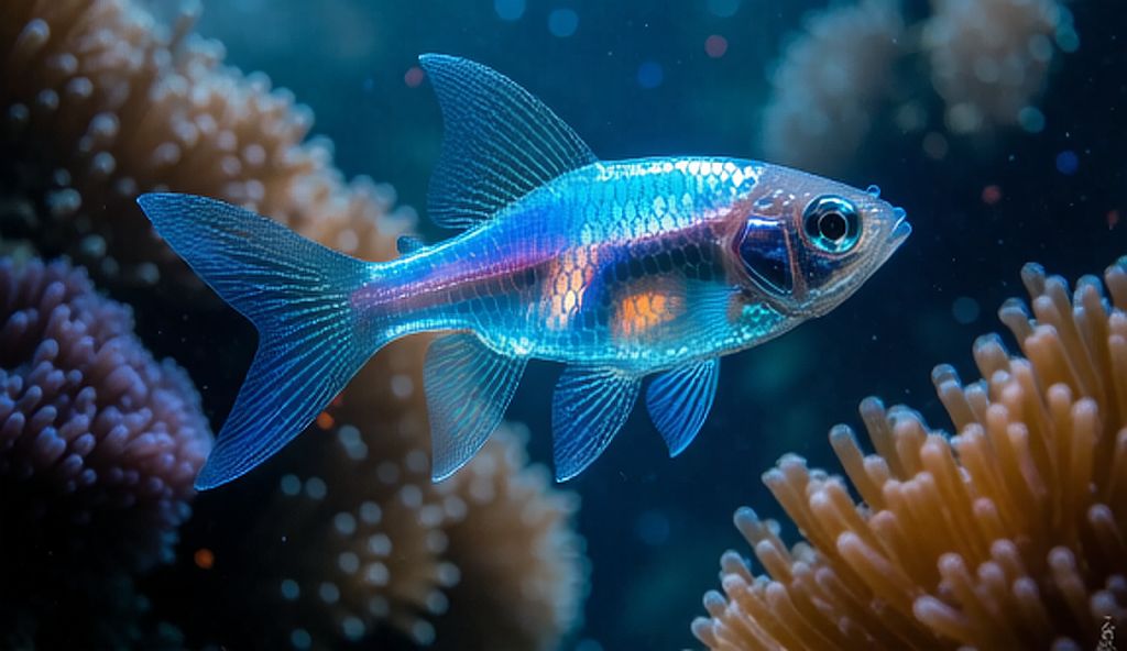 A translucent crystal fish glides gracefully through an ethereal ...