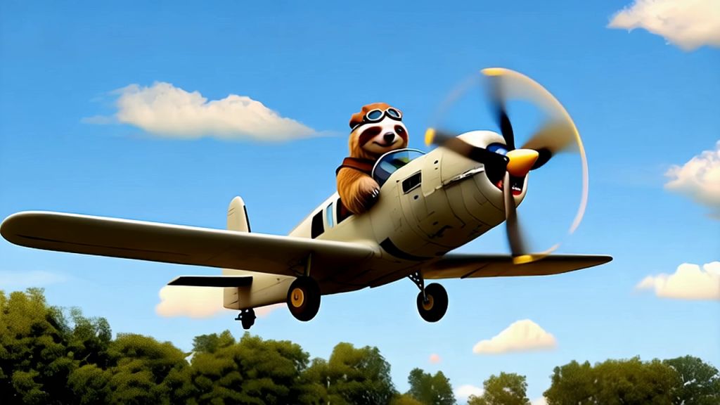 A cartoon raccoon sits in the cockpit of an old, beige plane, flying ...