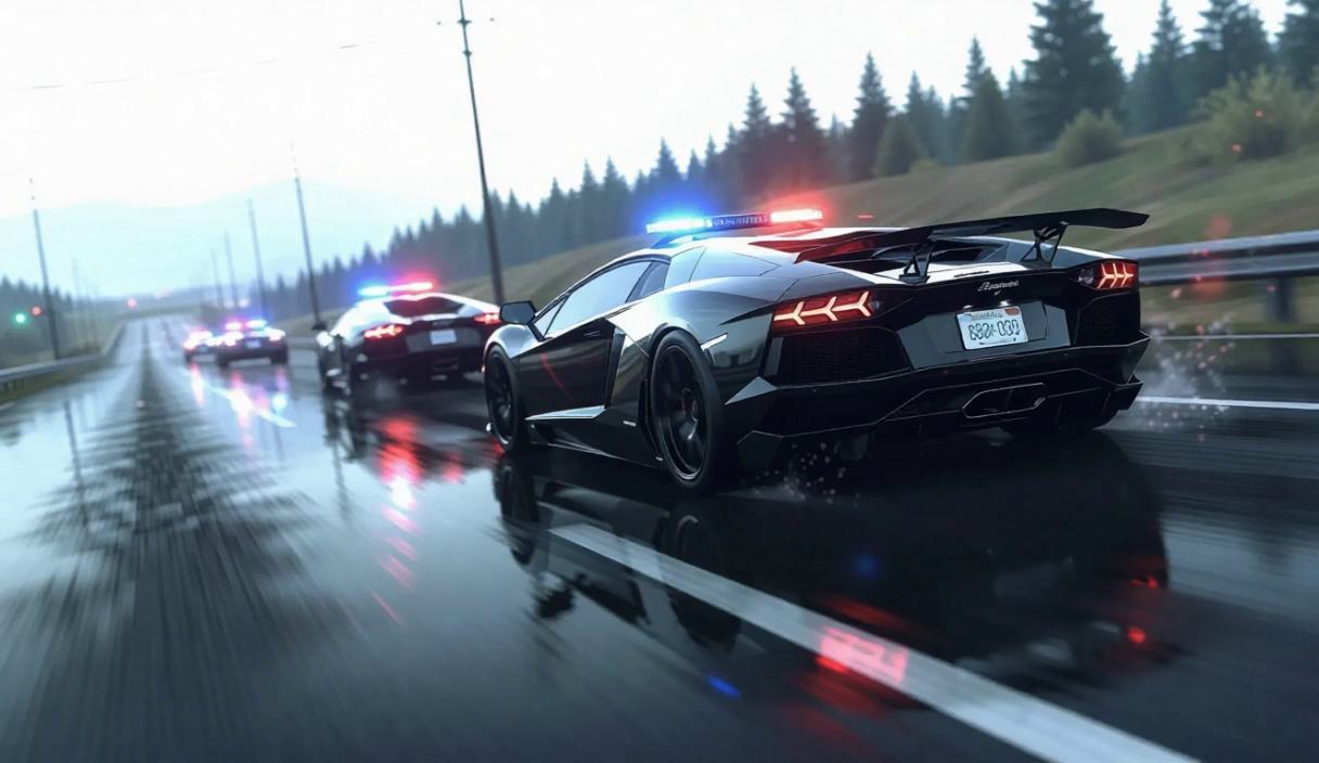 A stolen sports car speeds down an empty highway, its tires screeching ...