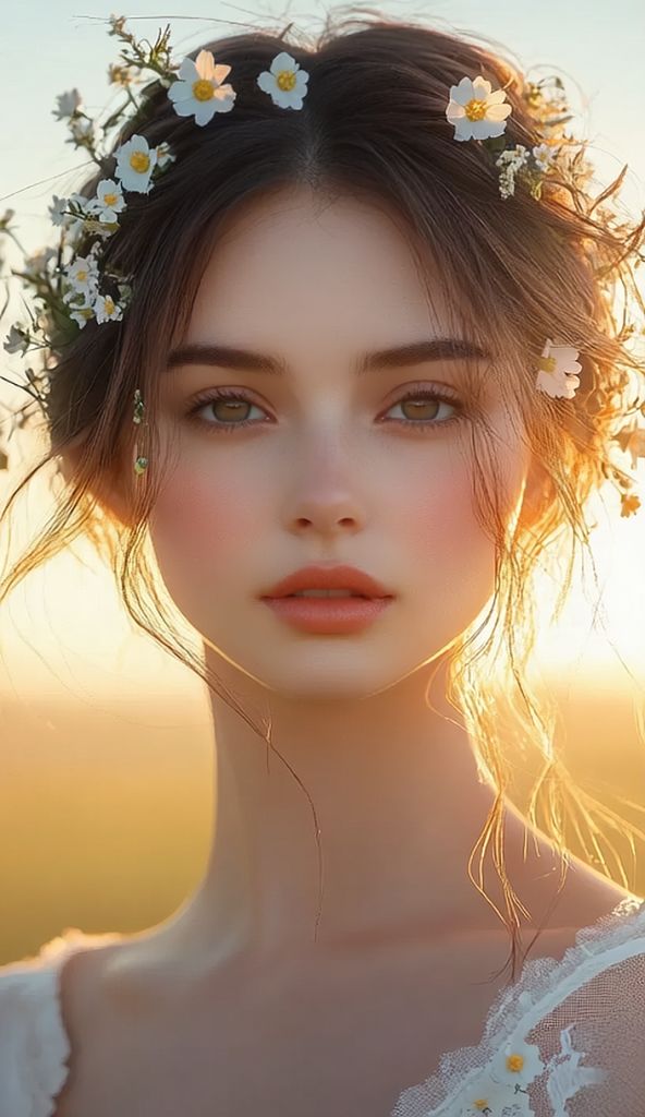 AI-Generated Sunlit Field Wavy Dark Hair White Flowers Images/Videos ...