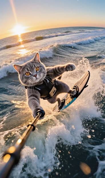 AI-Generated Adventurous Cat Surfing Images | vivago.ai