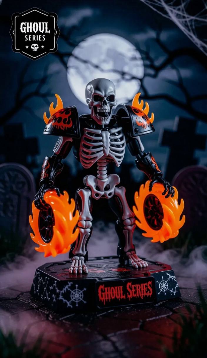 Scary Looking Racers A horror-themed racer toy figure with skeletal armor, flame wheels, and ...