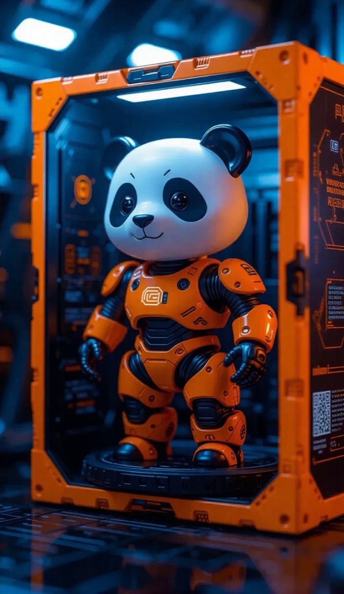 A toy robot panda with bright orange and sleek silver panels stands on ...