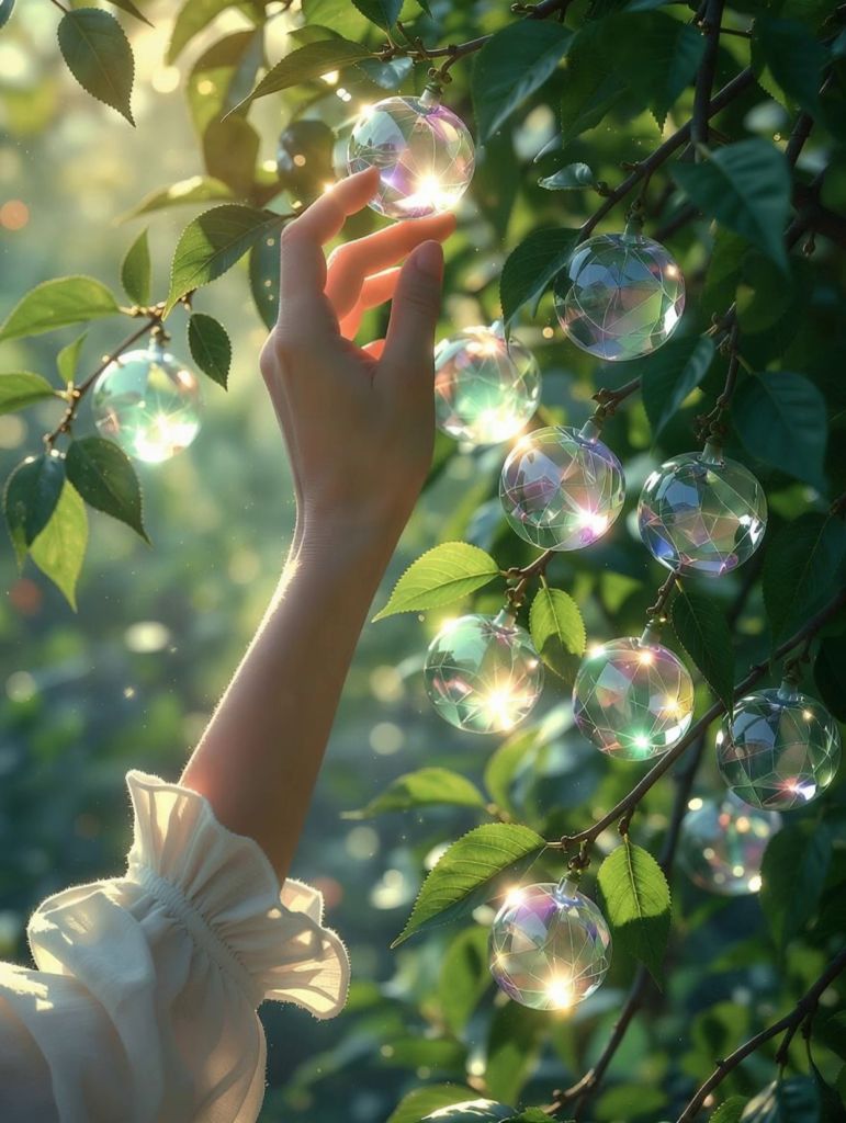 A hand reaches out and swiftly picks a ripe fruit from the tree ...