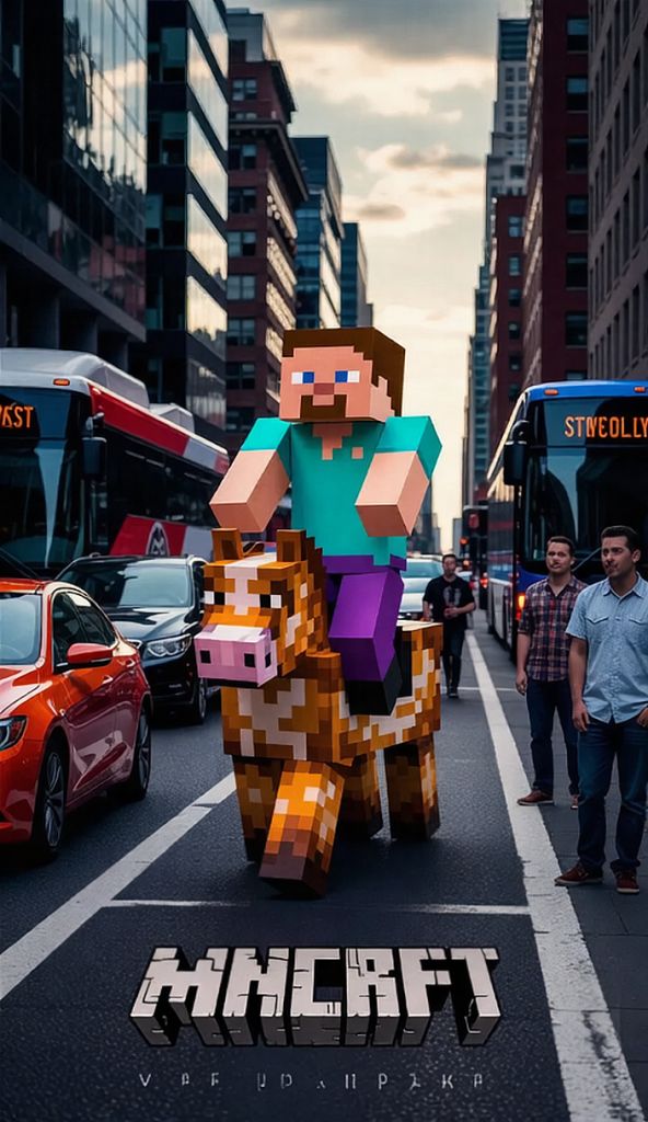 Machine Steve Riding Steve from Minecraft, riding a pixelated Minecraft horse, navigates ...