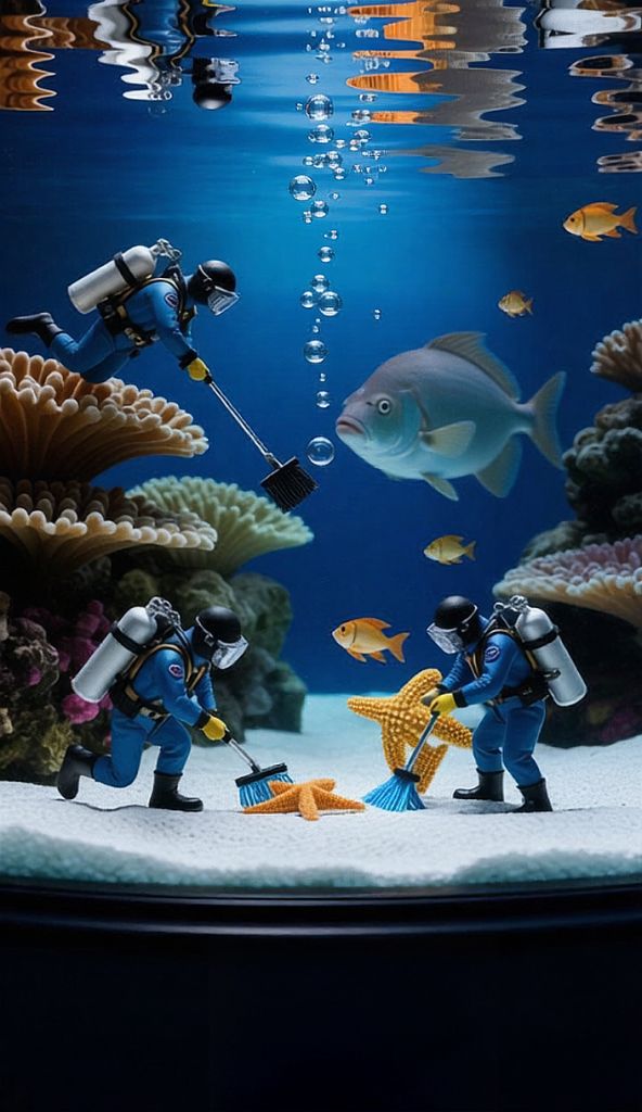 AI-Generated Underwater Aquarium Scene with Divers, Large Fish, Sea ...