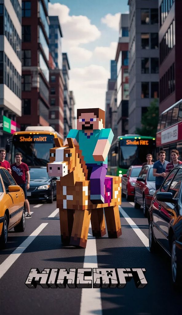 Machine Steve Riding Steve from Minecraft, riding a pixelated Minecraft horse, navigates ...