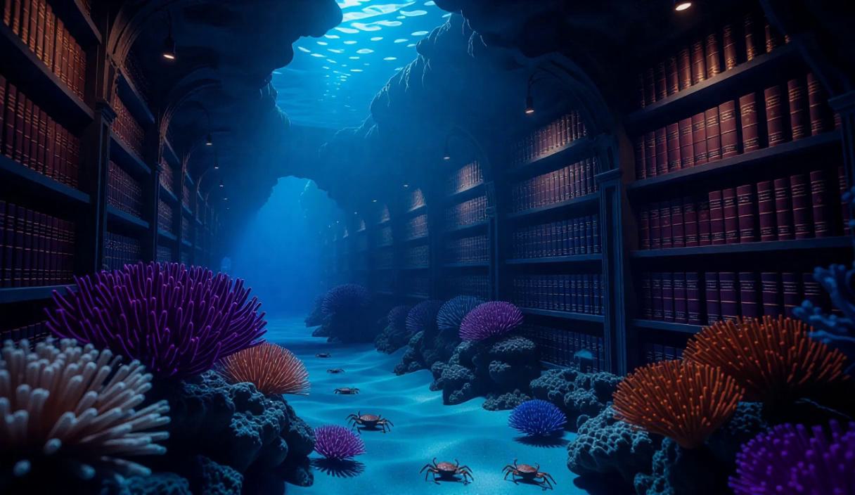 Fantasy underwater library intricately carved into vibrant coral reef ...