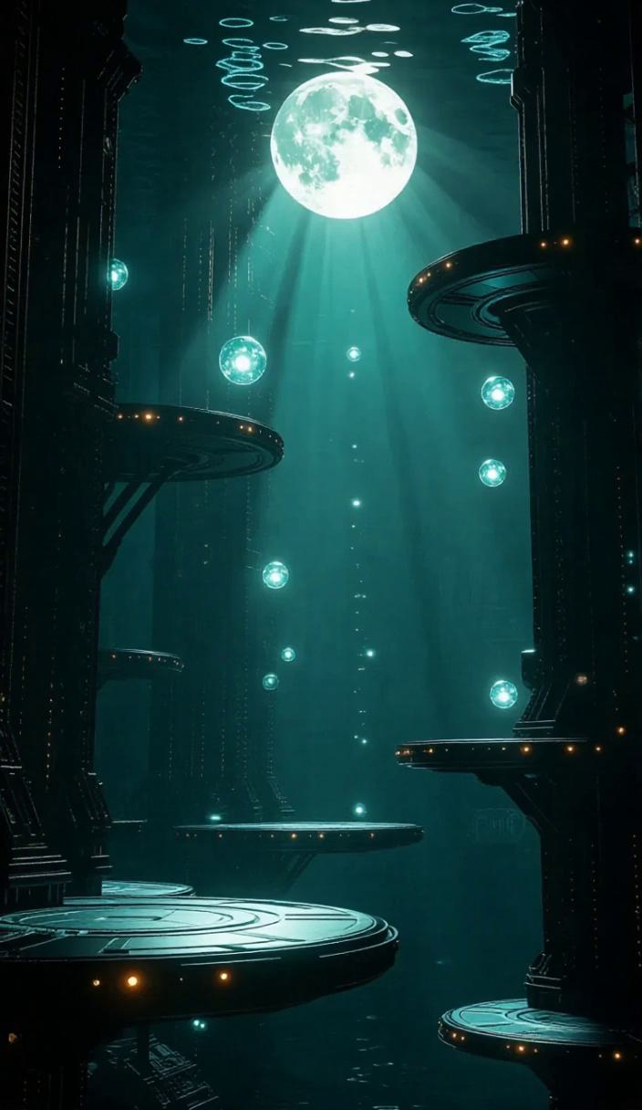 A futuristic scene underwater, showcasing floating platforms and ...