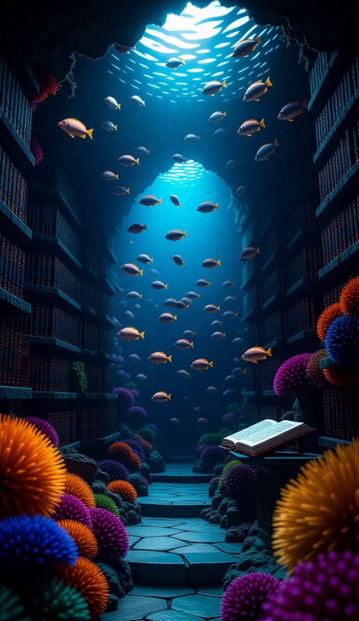 Fantasy underwater library intricately carved into vibrant coral reef ...