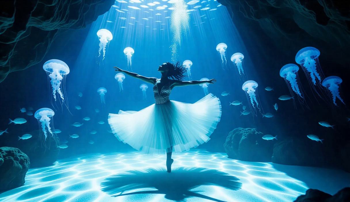 An underwater dancer performs a mesmerizing routine in a painted cave ...