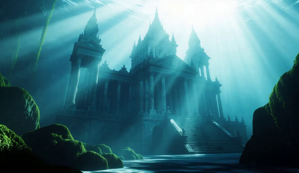 A mysterious underwater ruins of a mystical city, with shining marble ...