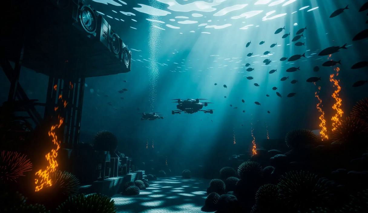 A futuristic human life scene underwater, featuring submerged defense ...