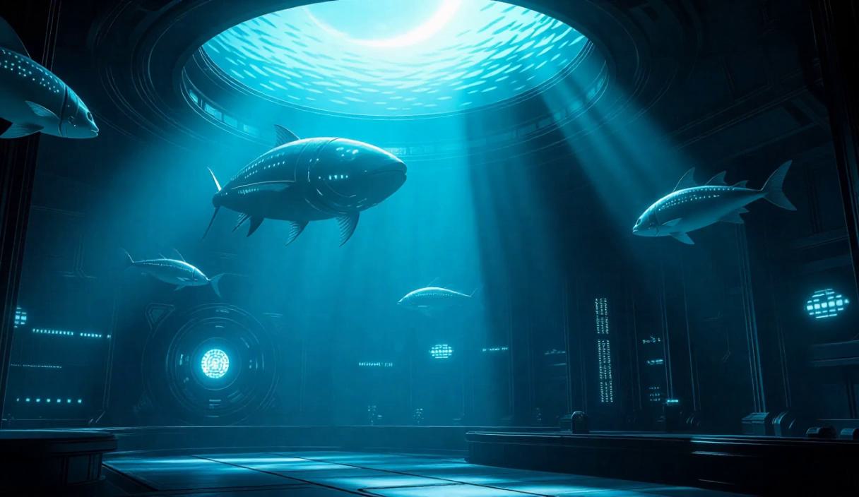 A futuristic scene underwater, featuring a massive underwater ...