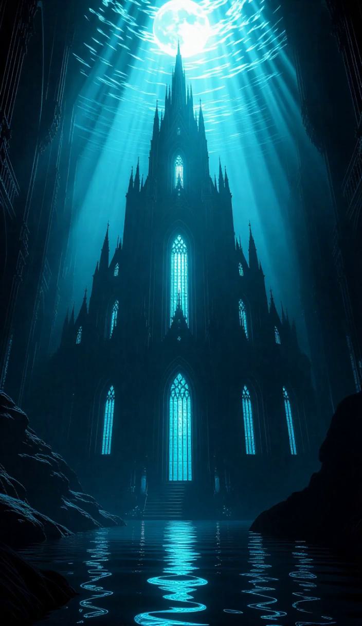 A futuristic scene underwater, with submerged cathedrals and advanced ...