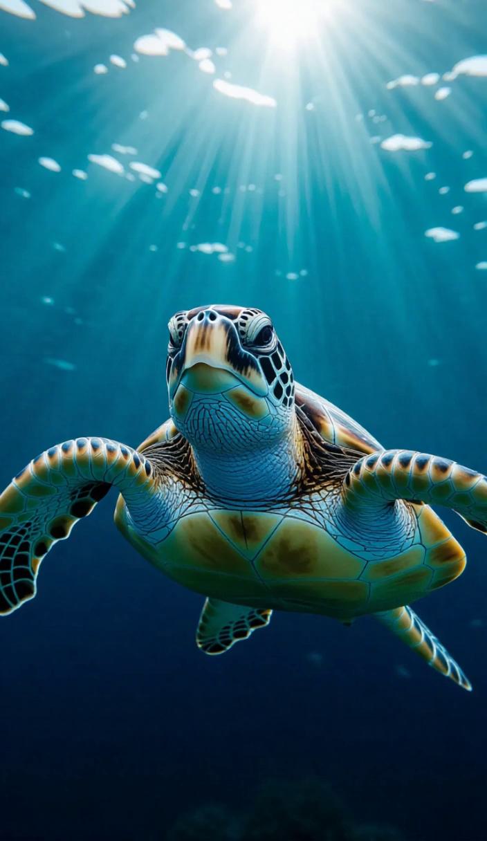 Turtle Initmate Underwater photography style, intimate close-up of a sea turtle gliding ...