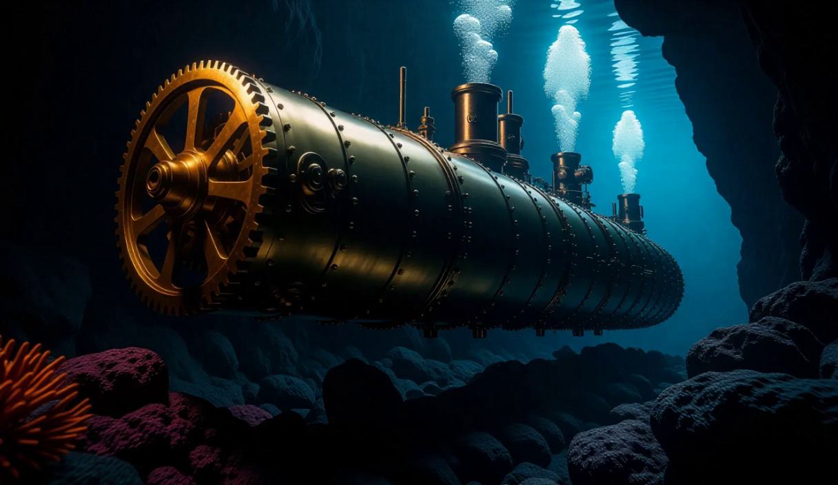 Dutch angle shot of a Victorian submarine gliding through an underwater ...