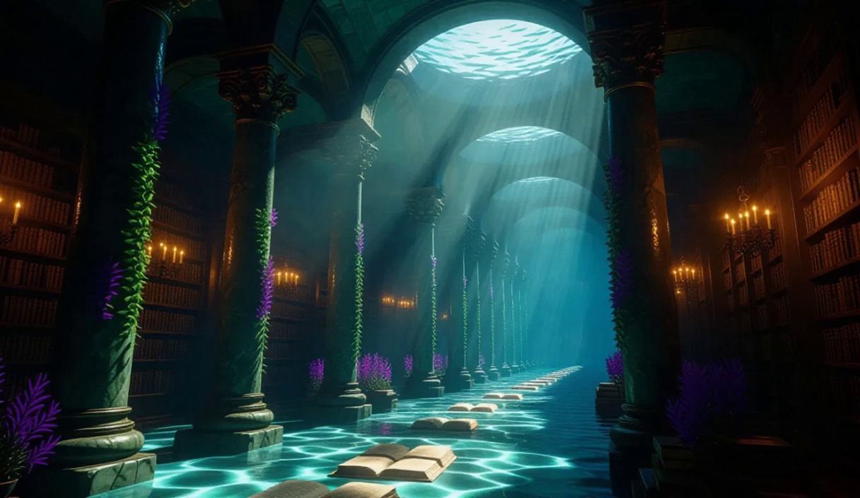 A grand underwater library with stone columns adorned with colorful ...