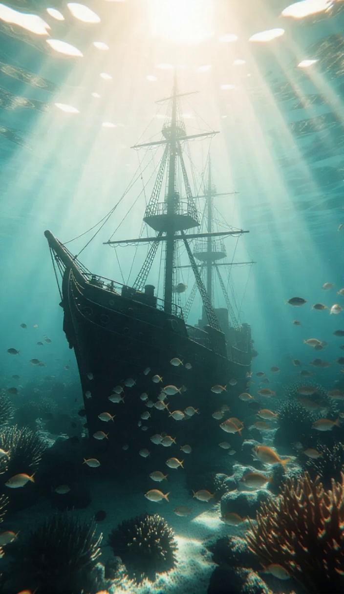8. Soft-focus dreamy underwater scene of a sunken ship surrounded by ...