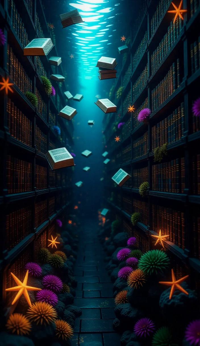 Fantasy underwater library intricately carved into vibrant coral reef ...