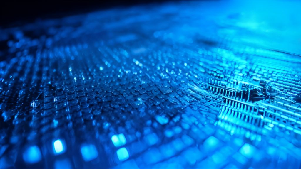 Micro Image Low angle, static shot: A close-up of microchips on a sleek, metallic ...