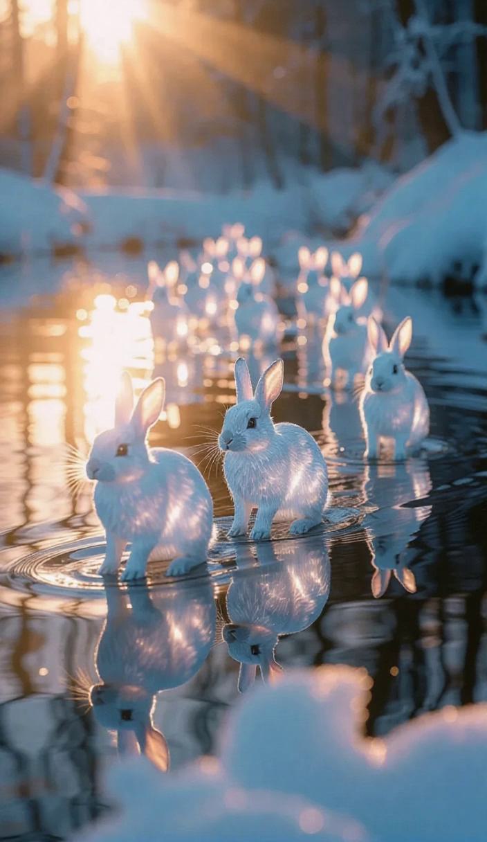 A group of ethereal crystal rabbits gracefully walking through a serene ...