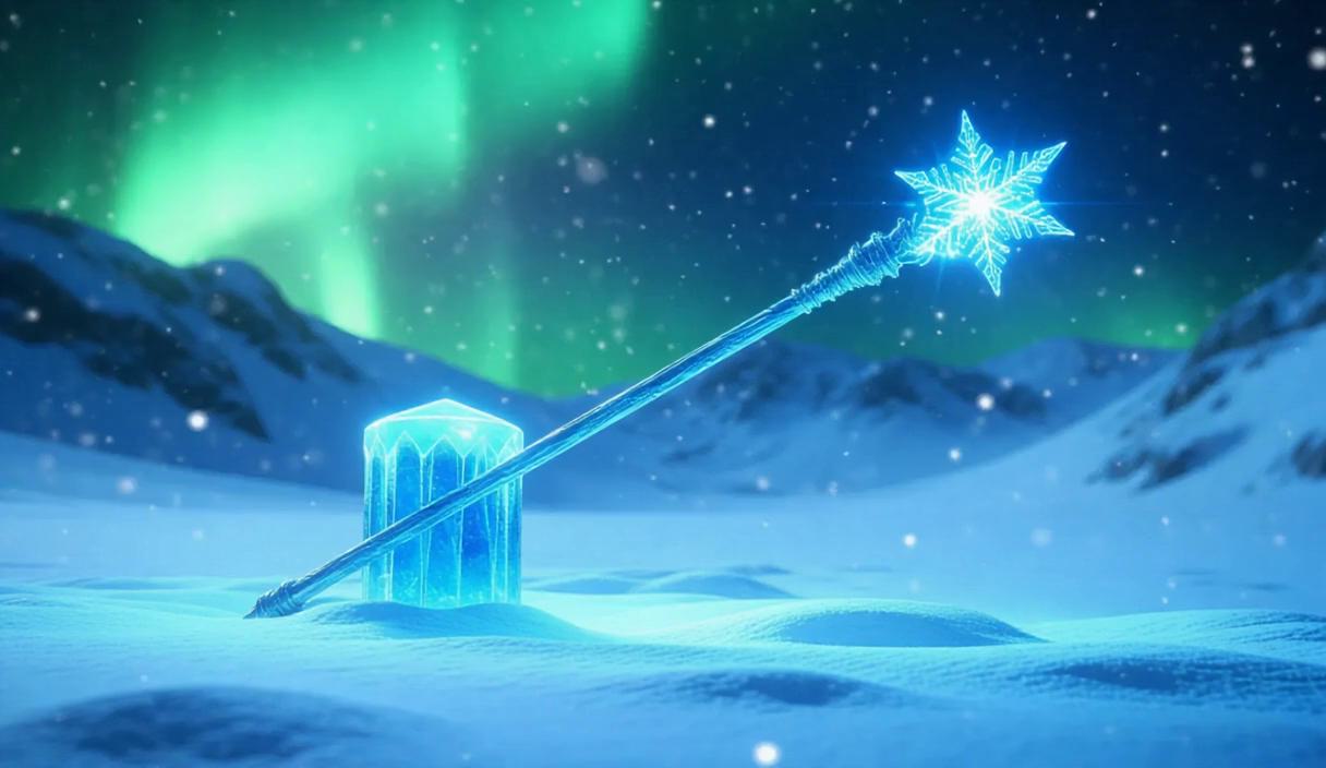 A majestic fantasy magic wand embedded in an icy pedestal, the wand