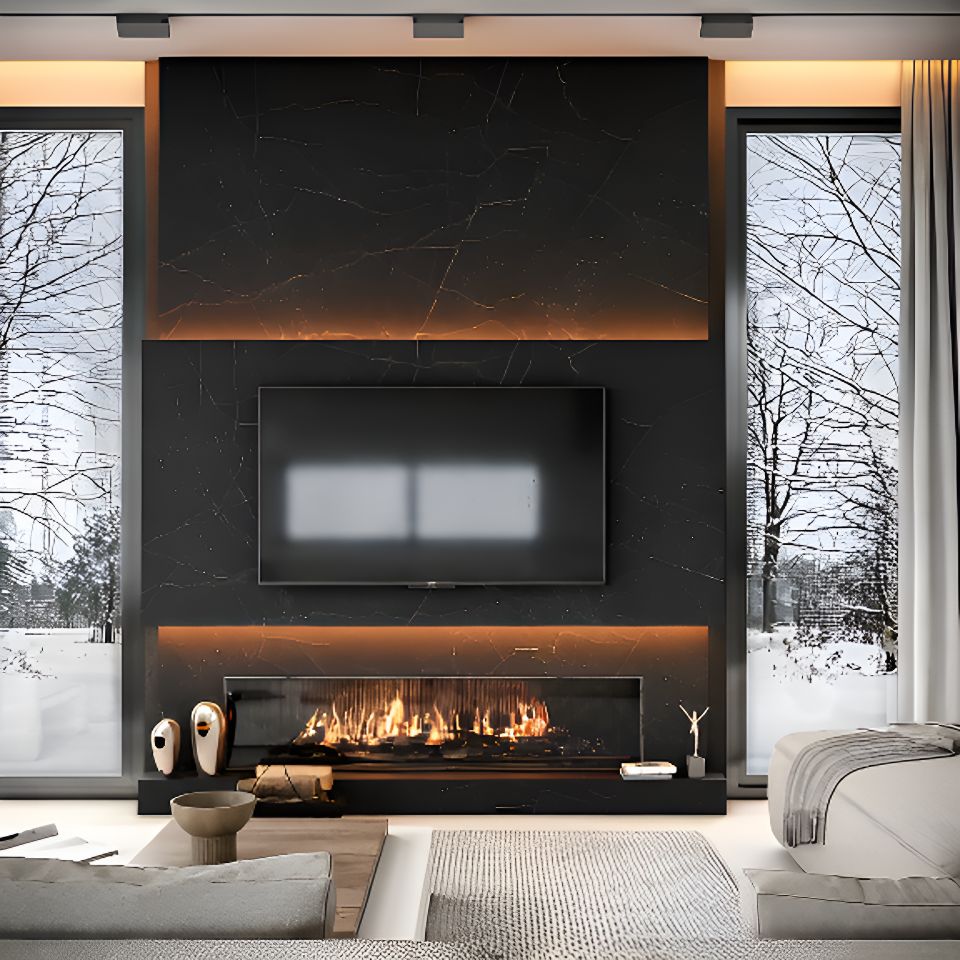 AI-Generated Modern Minimalist Living Room, Black Marble Fireplace ...