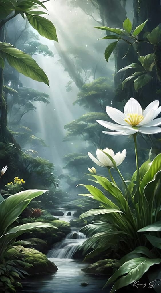 A waterfall flows through a dense forest, surrounded by lush greenery ...