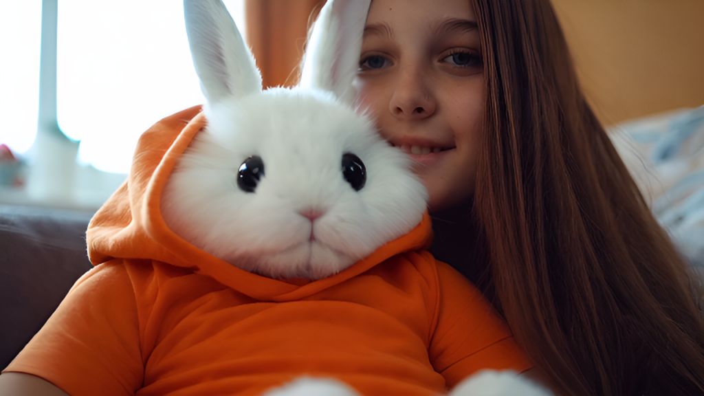 AI-Generated Plush Cute White Rabbit with Orange Hood Images/Videos ...