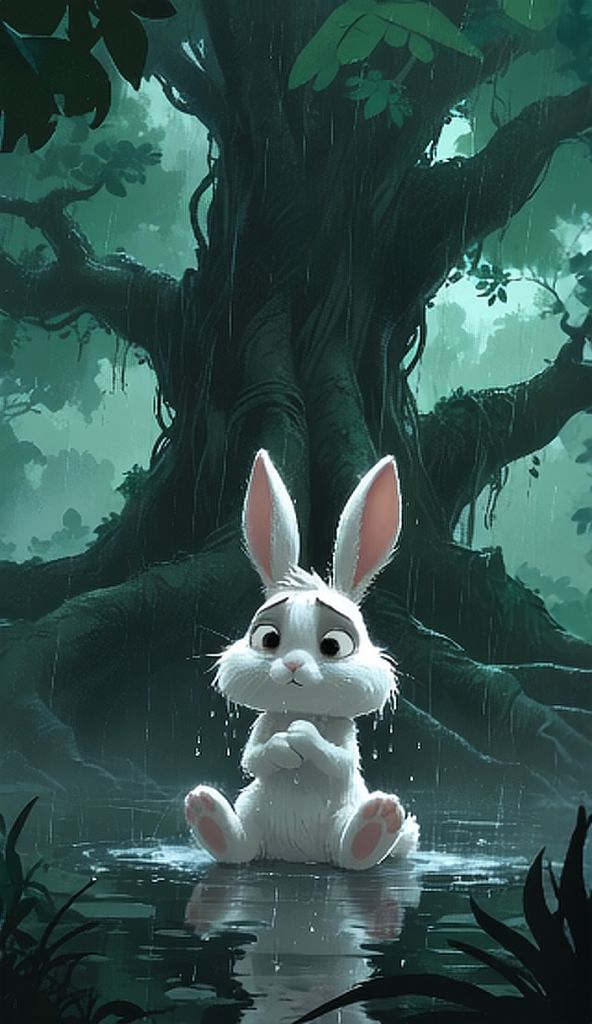 AI-Generated White Rabbit Shivering in Heavy Rain, Soaked Jungle Scene ...