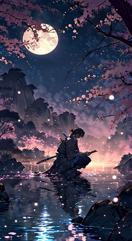 AI-Generated Samurai Moonlit River Cherry Blossoms Cinematic Anime ...