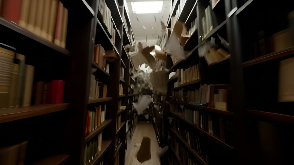 AI-Generated Disordered Library, Collapsing Bookshelves & Flying Pages ...
