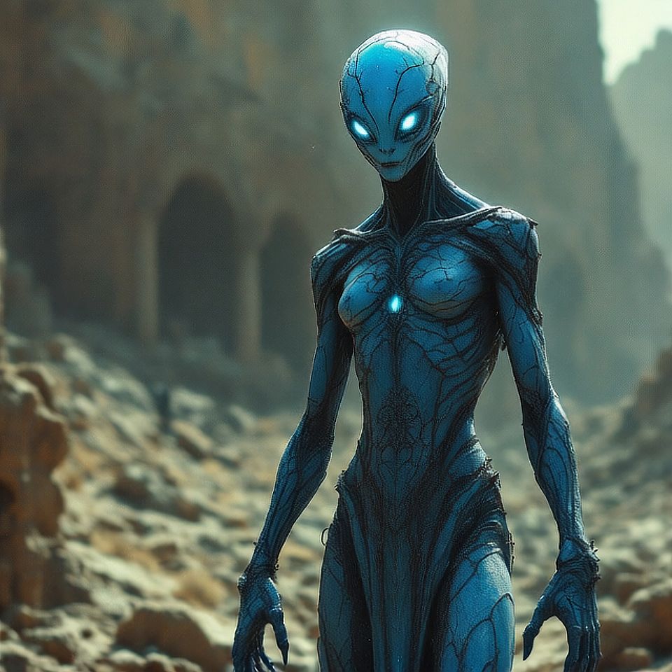 AI-Generated Blue Alien Rocky Valley Iridescent Armor Images/Videos ...
