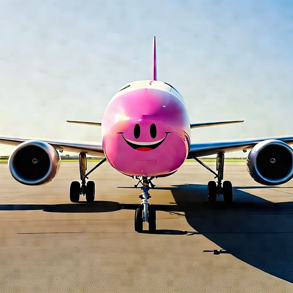 A plane with a bubblegum head, on the bubble gum head is a big smile ...