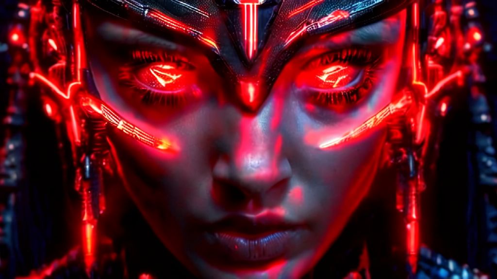 AI-Generated Fierce Warrior Woman with Glowing Red Eyes & Futuristic ...