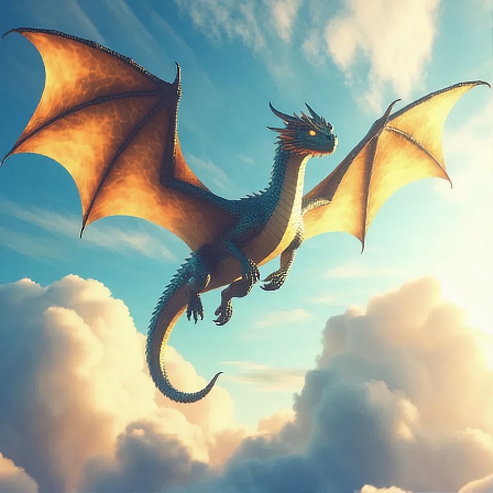 An orange dragon soars through the sky, its wings spread wide. The ...