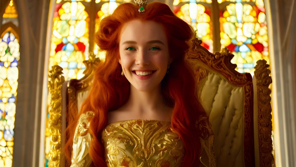 AI-Generated Radiant Red Hair Princess with Green Eyes, Silk Gown ...