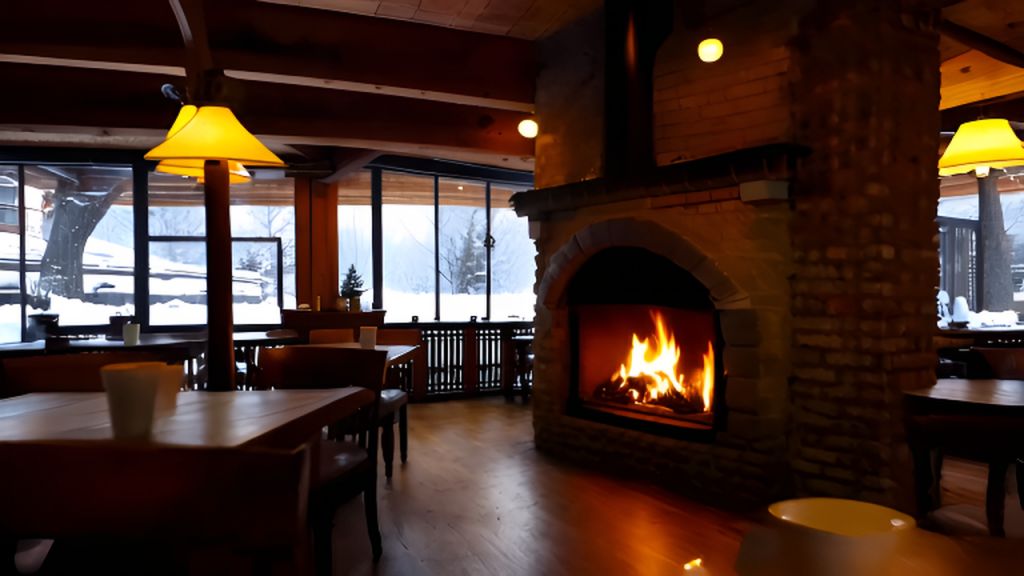 AI-Generated Vintage Rustic Cafe with Fireplace & Snowy View Images ...
